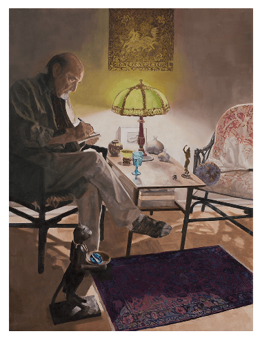A painting of Bernhard Banaschewski writing in an armchair beside a green glass lamp
